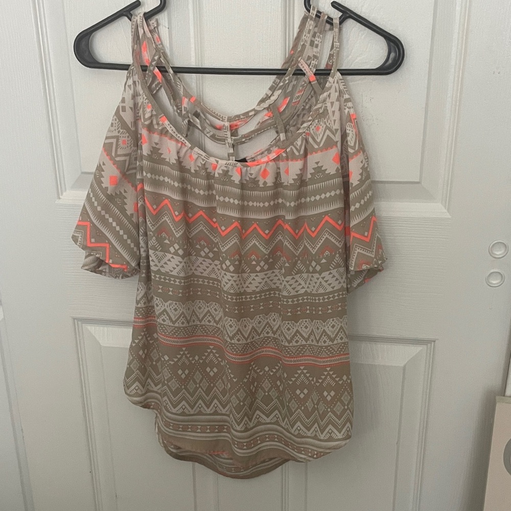 HeartSoul Aztec Print Cold Shoulder Blouse - Tan and Coral